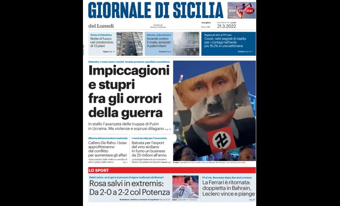 Prima Pagina, Giornale di Sicilia: “Impiccagioni e stupri, gli orrori della guerra”